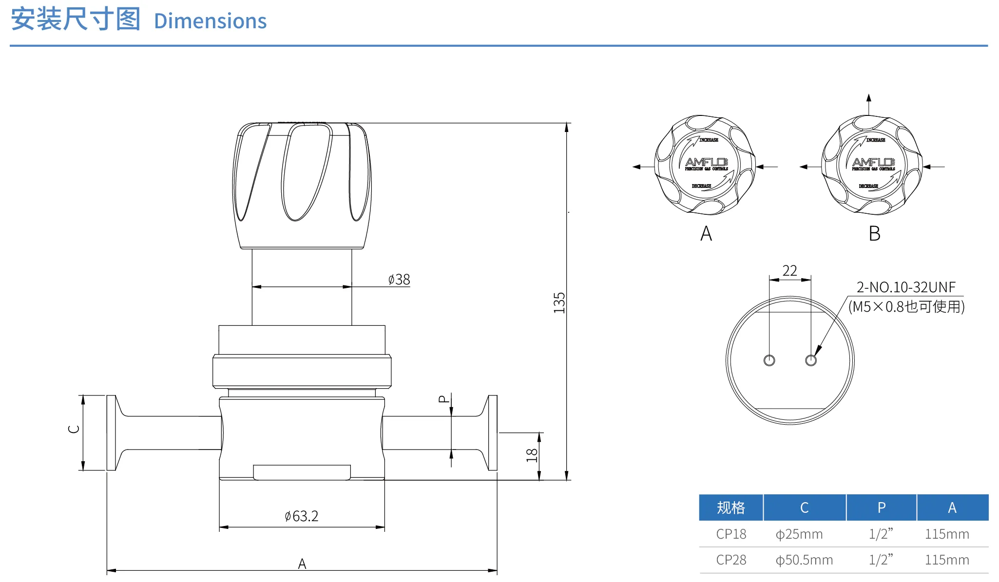 Регулятор AMFLO UHP PR22 Материал: Код Z (Body, Poppet, Nozzle, Diaphragm-SUS316L; Seat: PCTFE); Поверхность 0.38 um (15 uin); 4х портовый с манометрами, вх. давл. 20.6 бар, CV-1.1
