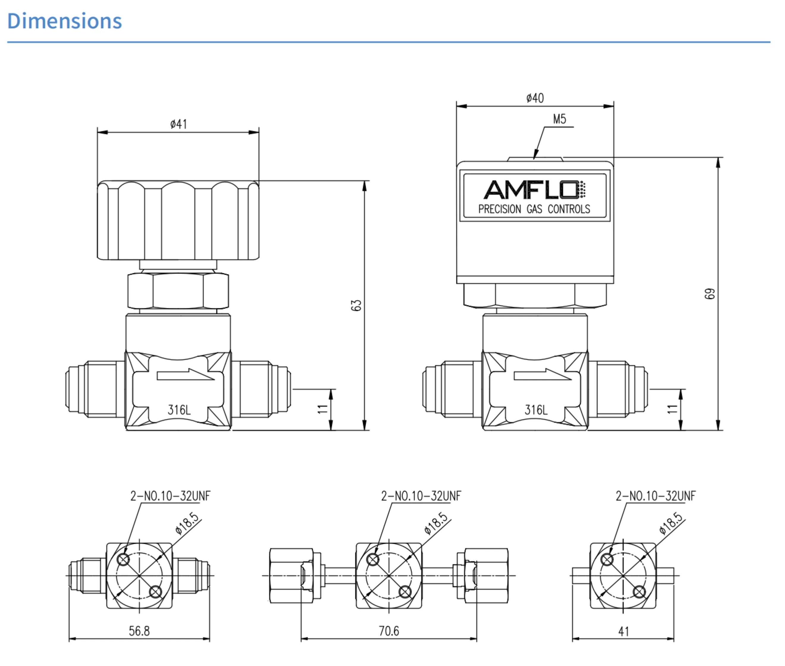 Клапан мембранный AMFLO, DV81 ручной, нержавеющий SS316L, 2-х портовый Cv=0.3