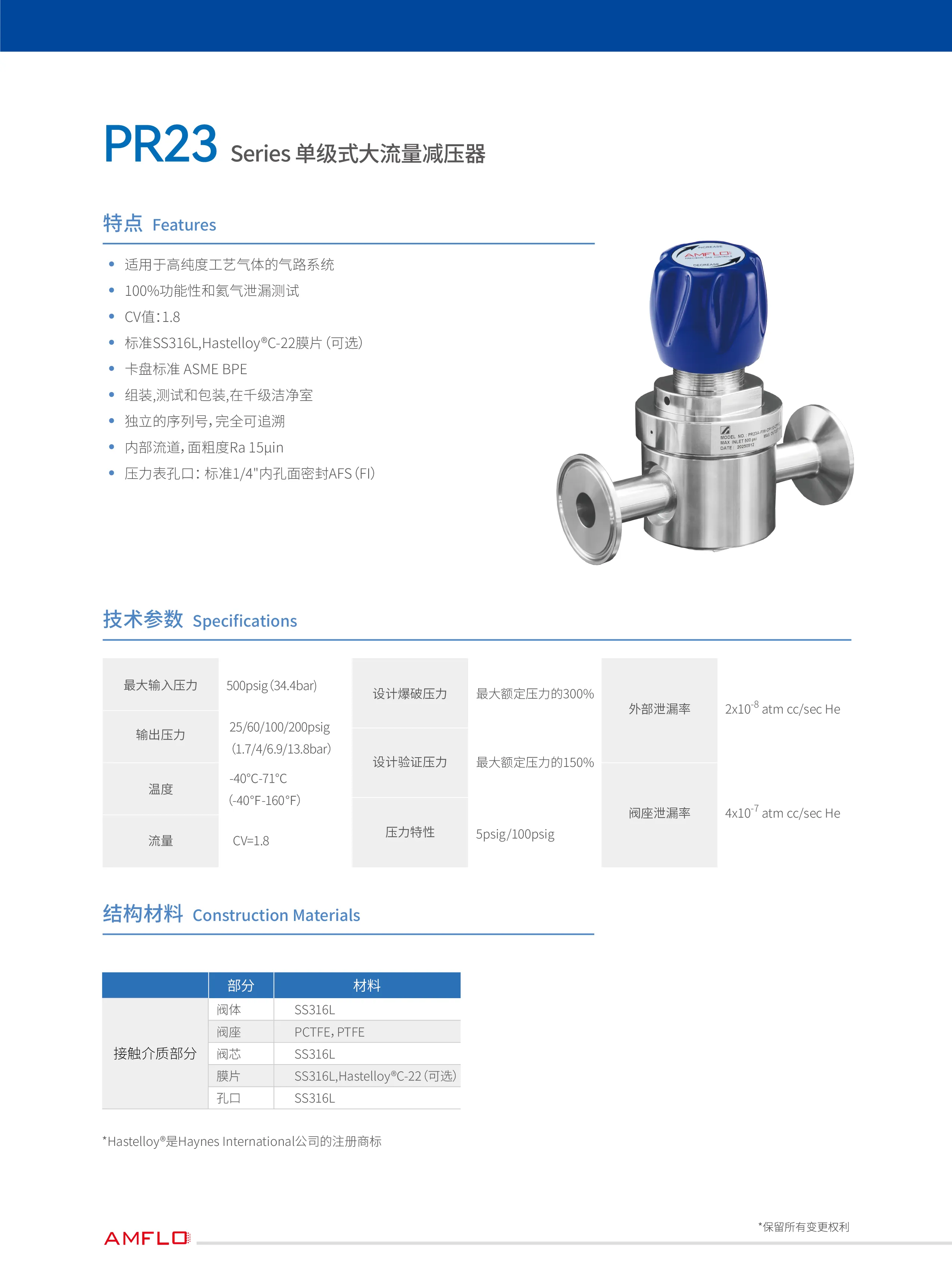 Регулятор AMFLO UHP PR23 Материал: Код Z (Body, Poppet, Nozzle, Diaphragm-SUS316L; Seat: PCTFE); Поверхность 0.38 um (15 uin); 4х портовый с манометрами, вх. давл. 34.4 бар, CV-1.8