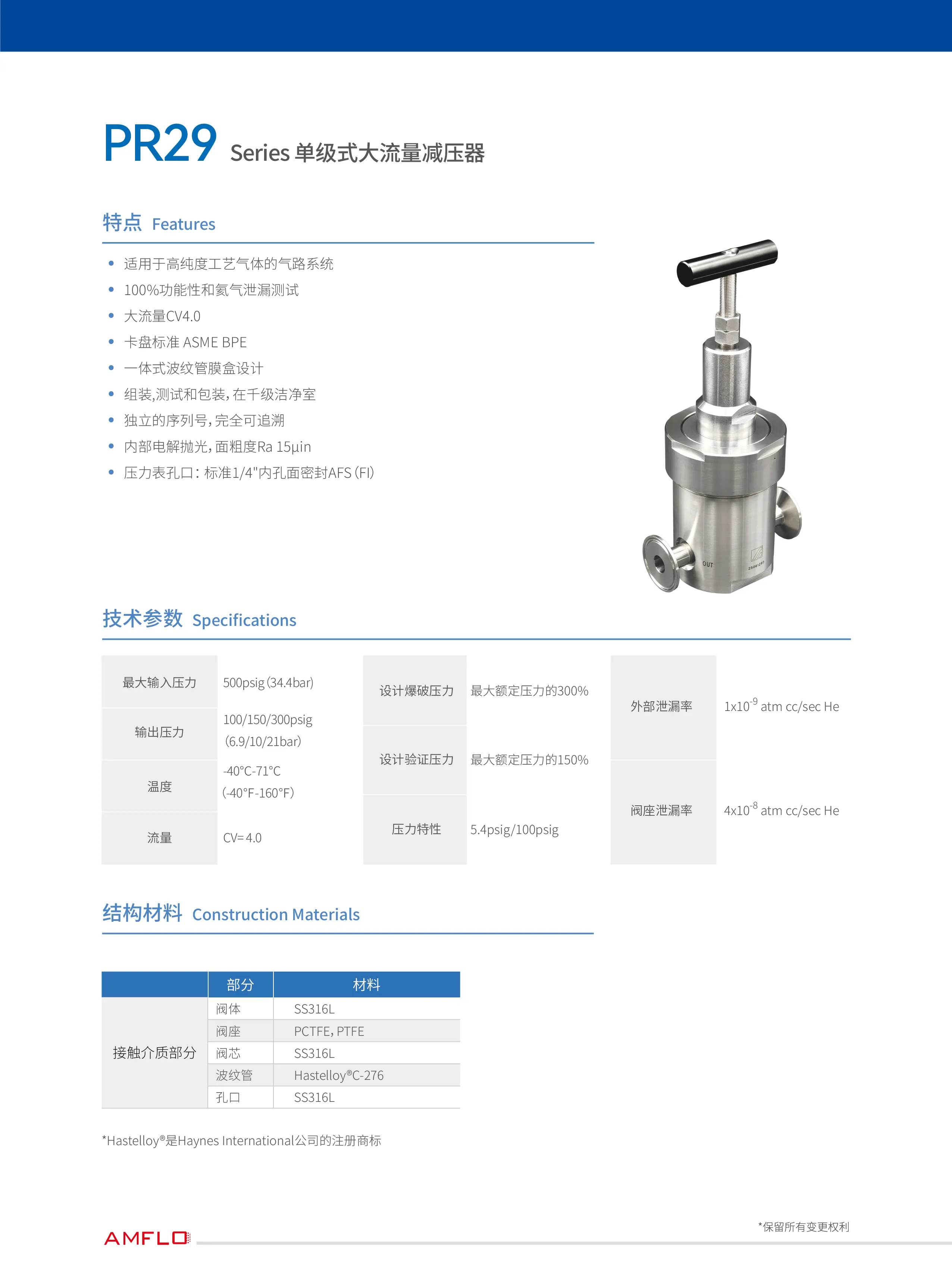 Регулятор AMFLO UHP PR29 Материал: Код Z (Body, Poppet, Nozzle-SUS316L; Bellow-Hastelloy®C-276; Seat: PCTFE); Поверхность 0.38 um (15 uin); 4х портовый с манометрами, вх. давл. 34.4 бар, CV-4.0